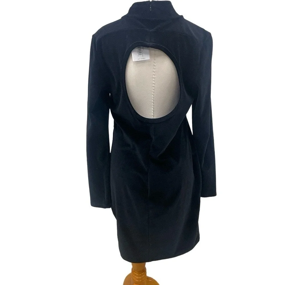 T by Alexander Wang Black Mock Neck Cut Out Back Velour Mini Shift Dress Large‎